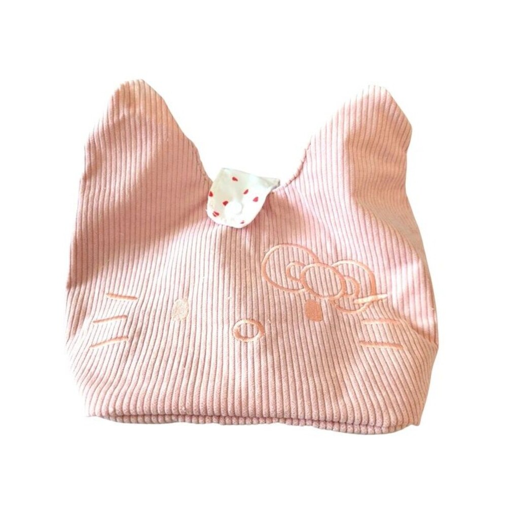 Cute Pink Cat Ear Corduroy Kawaii Makeup Bag Heart Lining